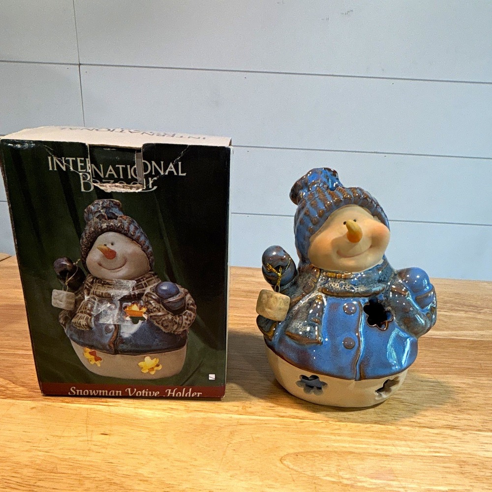 International Bazaar Snowman Votive Holder Ceramic Blue/White 5.5" Freestanding